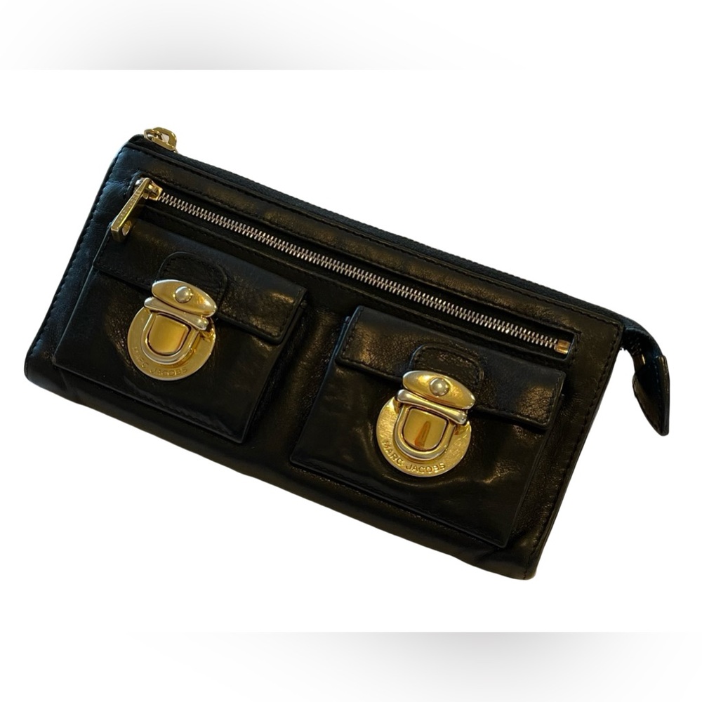 Marc Jacobs Black Leather Wallet Gold Hardware Multi Pocket Zip - Picture 15 of 15